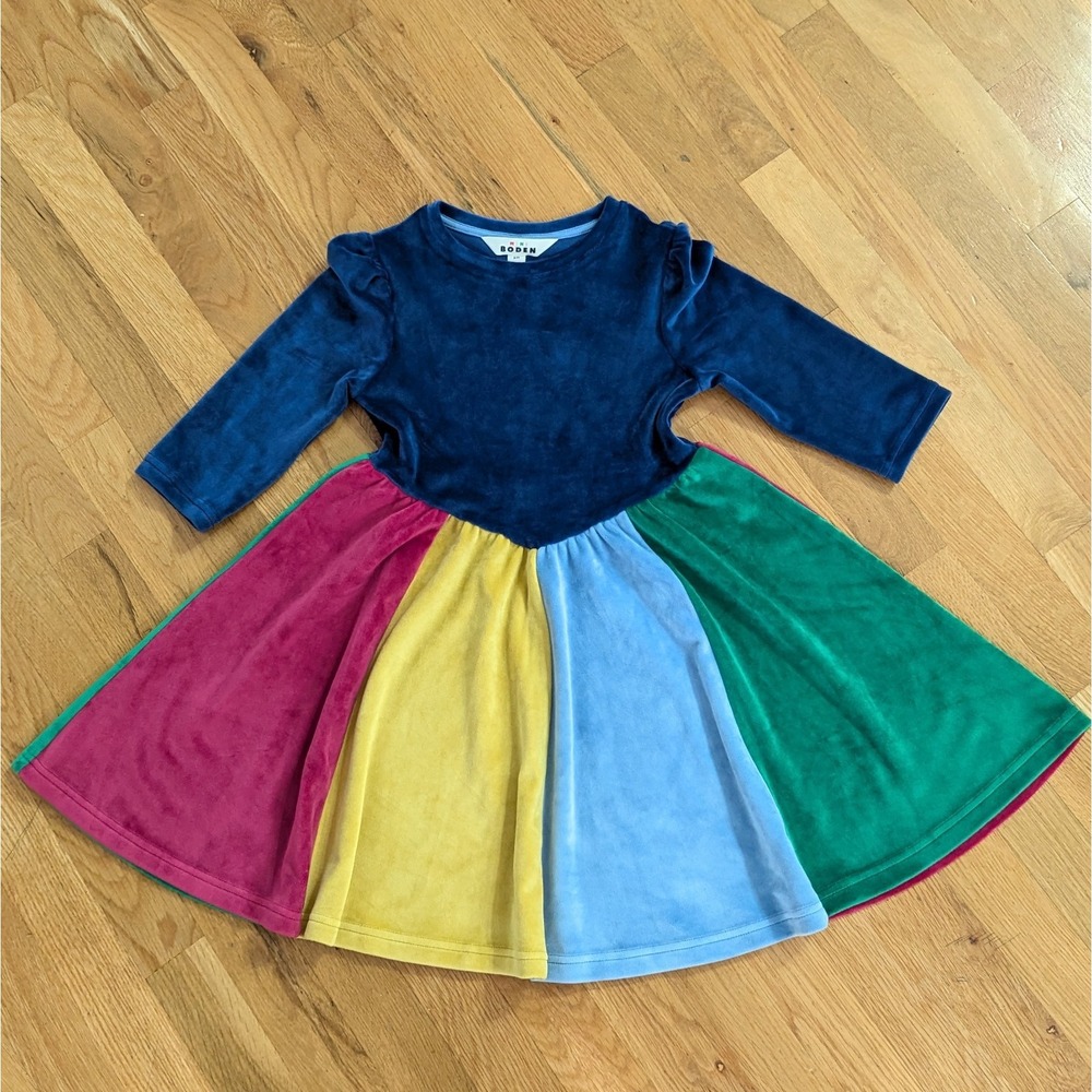 Mini Boden Rainbow Color-block Soft Velour Long Sleeve Twirl Dress Sz 6-7 EUC